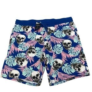 No Boundaries Blue Lounge Shorts Tropical Palm Skulls Goth Mens Size XL New